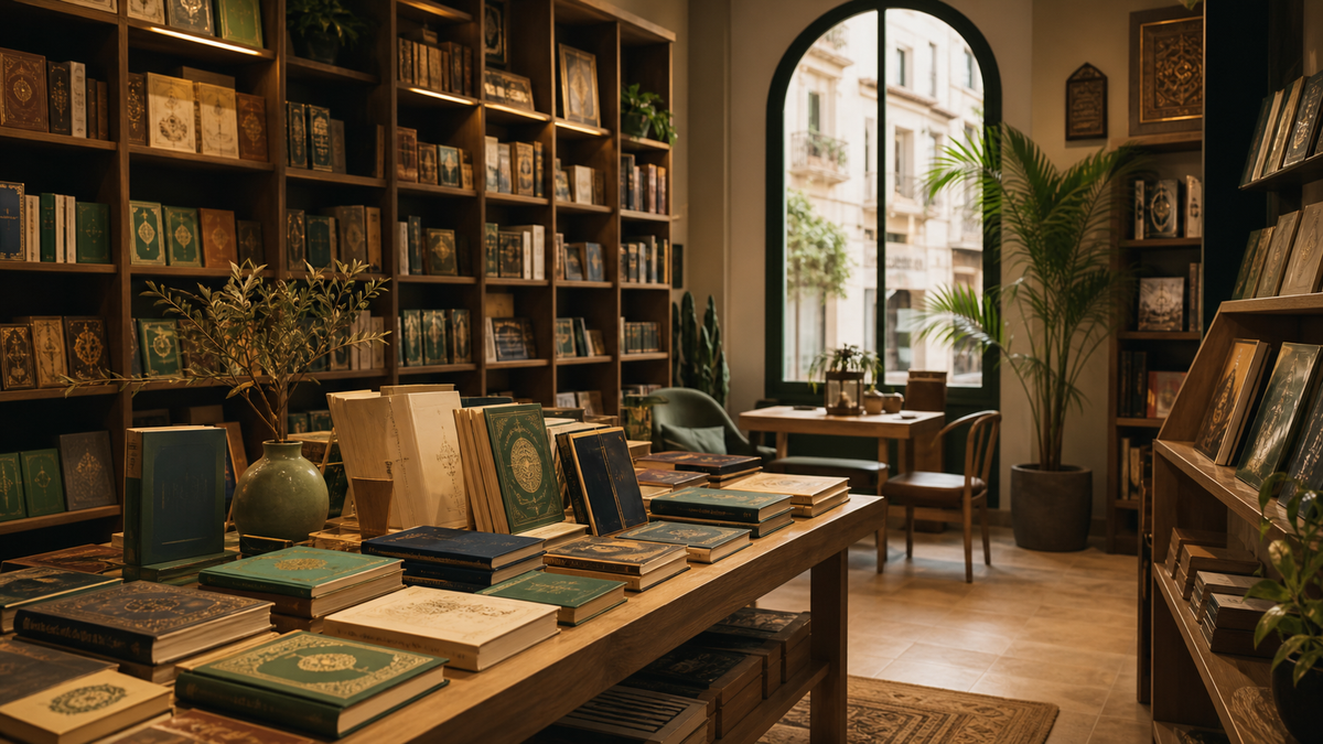 Interior acogedor de una librería con libros islámicos y árabes en tonos verdes y dorados