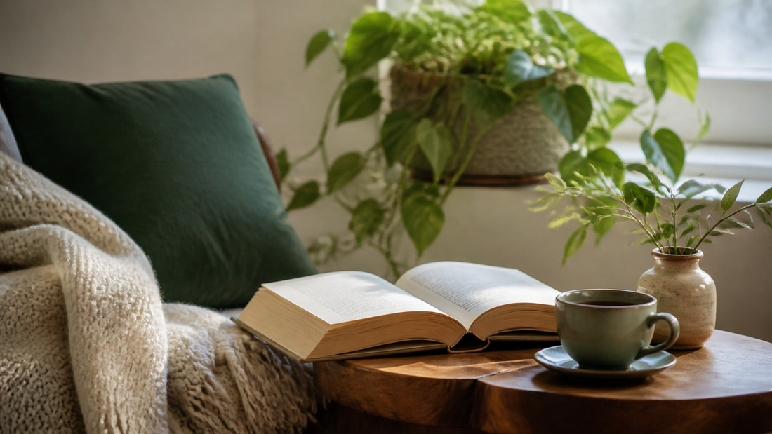 Libro abierto junto a una taza de té en un rincón de lectura iluminado por la mañana