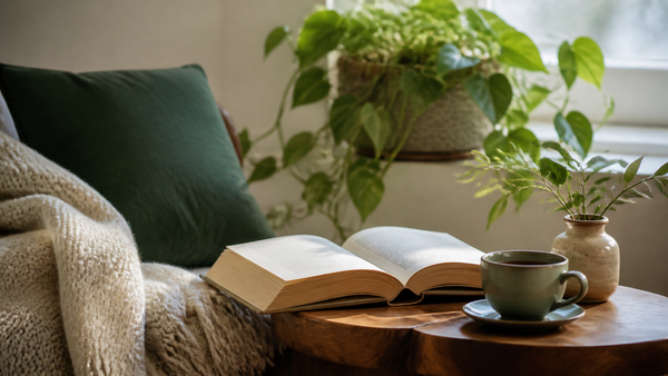 Libro abierto junto a una taza de té en un rincón de lectura iluminado por la mañana