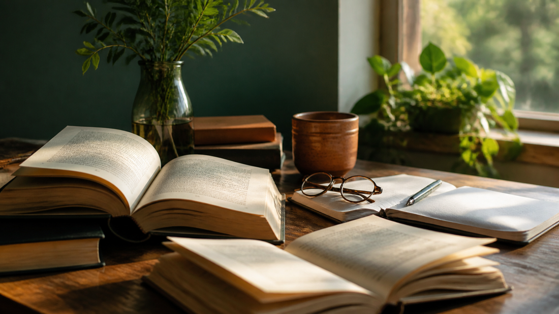 Mesa de estudio con libros abiertos, cuaderno y gafas bajo una luz cálida