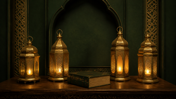 Cuatro faroles de latón encendidos junto a un libro histórico sobre fondo verde oscuro