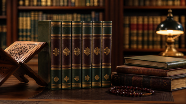 Colección de volúmenes clásicos de hadices sobre una mesa de biblioteca